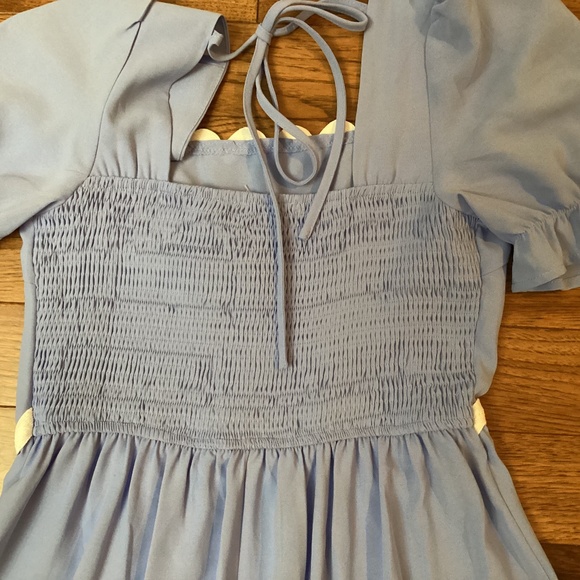 NWT Blue Flowy Maxi Dress w/ White Ric Rac Tie Back Smocked Puff Sleeves Size S - Picture 8 of 8